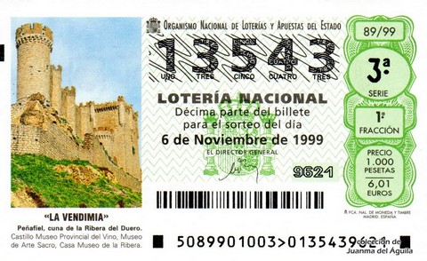 Décimo de Lotería Nacional de 1999 Sorteo 89 - «LA VENDIMIA»