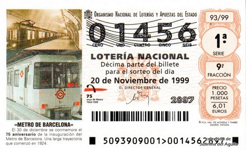 Décimo de Lotería Nacional de 1999 Sorteo 93 - «METRO DE BARCELONA»