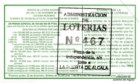 Reverso décimo de Lotería 1999 / 99