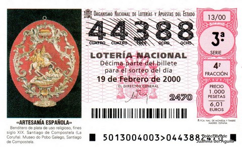 Décimo de Lotería Nacional de 2000 Sorteo 13 - «ARTESANÍA ESPAÑOLA» - BENDITERO DE PLATA DE USO RELIGIOSO, FINES SIGLO XIX