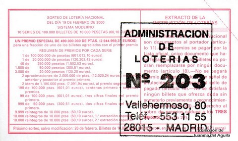 Reverso décimo de Lotería 2000 / 13