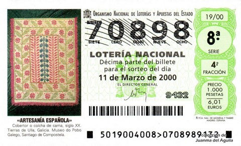 Décimo de Lotería Nacional de 2000 Sorteo 19 - «ARTESANÍA ESPAÑOLA» - COBERTOR O COLCHA DE CAMA. SIGLO XX