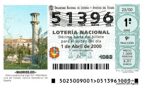Décimo de Lotería Nacional de 2000 Sorteo 25 - «MADRIDEJOS»