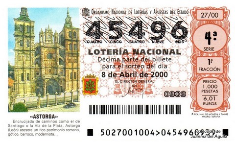 Décimo de Lotería Nacional de 2000 Sorteo 27 - «ASTORGA»