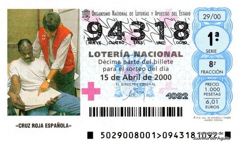 Décimo de Lotería Nacional de 2000 Sorteo 29 - «CRUZ ROJA ESPAÑOLA»