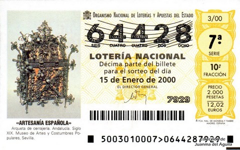 Décimo de Lotería Nacional de 2000 Sorteo 3 - «ARTESANÍA ESPAÑOLA» - ARQUETA DE CERRAJERÍA. ANDALUCÍA