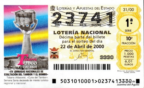 Décimo de Lotería Nacional de 2000 Sorteo 31 - «XV JORNADAS NACIONALES DE EXALTACIÓN DEL TAMBOR Y EL BOMBO»