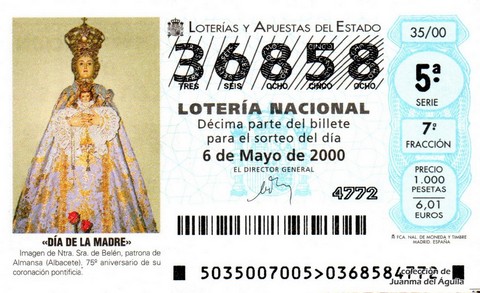 Décimo de Lotería Nacional de 2000 Sorteo 35 - «DÍA DE LA MADRE»