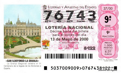 Décimo de Lotería Nacional de 2000 Sorteo 37 - «SAN ILDEFONSO-LA GRANJA»