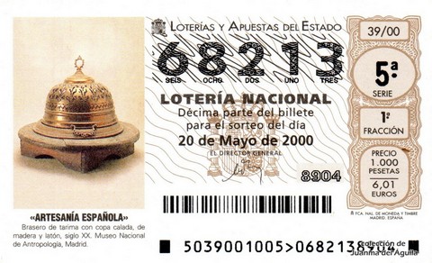 Décimo de Lotería Nacional de 2000 Sorteo 39 - «ARTESANÍA ESPAÑOLA» - BRASERO DE TARIMA