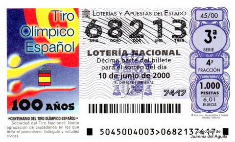 Décimo de Lotería Nacional de 2000 Sorteo 45 - «CENTENARIO DEL TIRO OLÍMPICO ESPAÑOL»