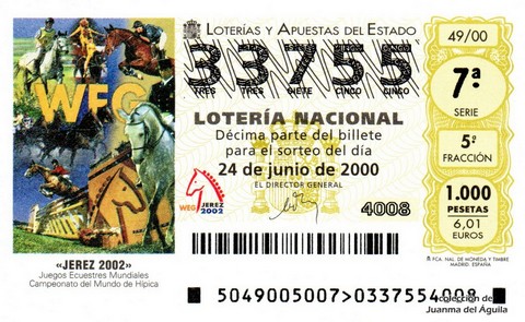 Décimo de Lotería Nacional de 2000 Sorteo 49 - «JEREZ 2002»