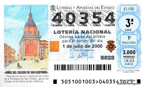 Décimo de Lotería Nacional de 2000 Sorteo 51 - «NIÑOS DEL COLEGIO DE SAN ILDEFONSO»