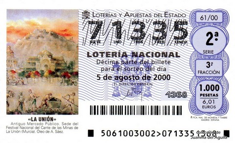 Décimo de Lotería Nacional de 2000 Sorteo 61 - «LA UNIÓN»