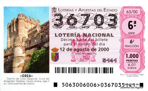 Décimo de Lotería Nacional de 2000 Sorteo 63 - «COCA»