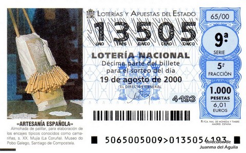 Décimo de Lotería Nacional de 2000 Sorteo 65 - «ARTESANÍA ESPAÑOLA» - ALMOHADA DE PALILLAR