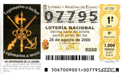 Décimo de Lotería Nacional de 2000 Sorteo 67 - «80 ANIVERSARIO DE LA LEGIÓN»