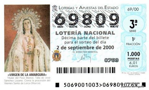 Décimo de Lotería Nacional de 2000 Sorteo 69 - «VIRGEN DE LA AMARGURA»