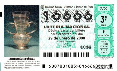 Décimo de Lotería Nacional de 2000 Sorteo 7 - «ARTESANÍA ESPAÑOLA» - JARRA CON DECORACIÓN DE HILOS EN CORDONCILLO Y LÍNEAS