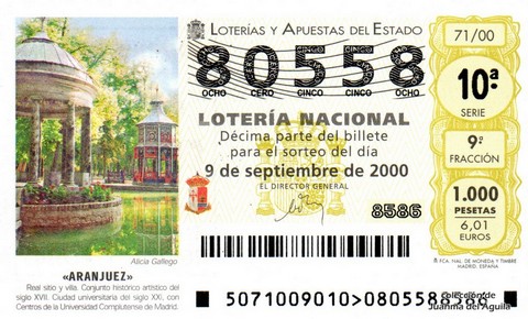 Décimo de Lotería Nacional de 2000 Sorteo 71 - «ARANJUEZ»