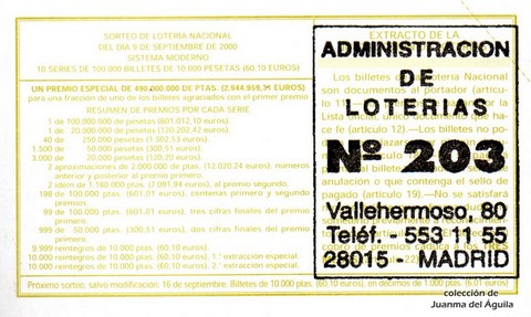 Reverso décimo de Lotería 2000 / 71