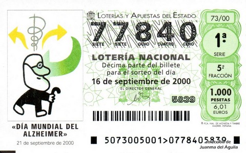 Décimo de Lotería Nacional de 2000 Sorteo 73 - «DÍA MUNDIAL DEL ALZHEIMER»