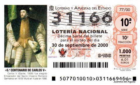 Décimo de Lotería Nacional de 2000 Sorteo 77 - «5.º CENTENARIO DE CARLOS V»