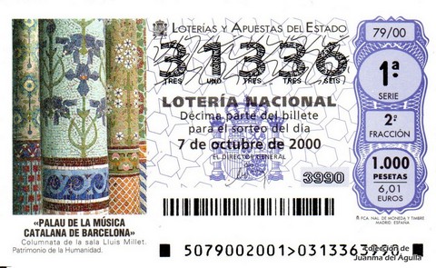 Décimo de Lotería Nacional de 2000 Sorteo 79 - «PALAU DE LA MÚSICA CATALANA DE BARCELONA»
