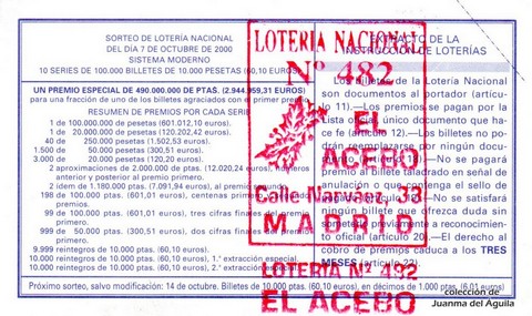 Reverso décimo de Lotería 2000 / 79