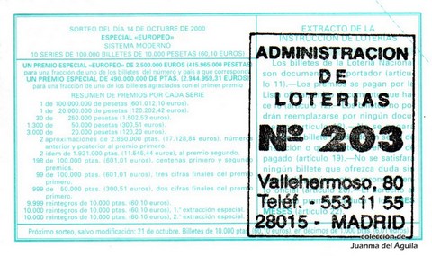 Reverso décimo de Lotería 2000 / 81