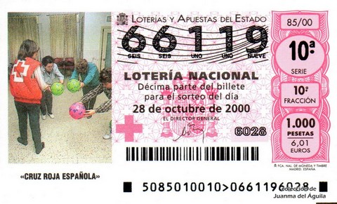 Décimo de Lotería Nacional de 2000 Sorteo 85 - «CRUZ ROJA ESPAÑOLA»