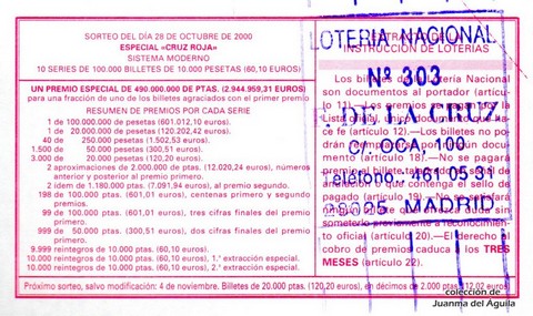 Reverso décimo de Lotería 2000 / 85