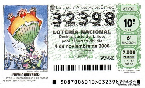Décimo de Lotería Nacional de 2000 Sorteo 87 - «PREMIO QUEVEDOS»