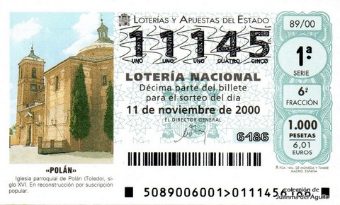 Décimo de Lotería Nacional de 2000 Sorteo 89 - «POLÁN»