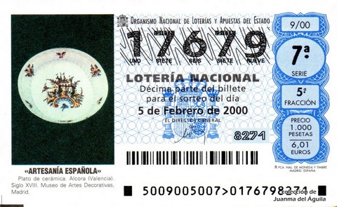 Décimo de Lotería Nacional de 2000 Sorteo 9 - «ARTESANÍA ESPAÑOLA» - PLATO DE CERÁMICA. ALCORA (VALENCIA)