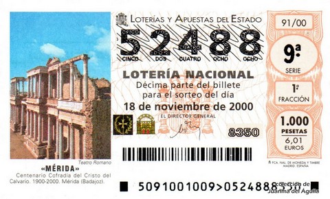 Décimo de Lotería Nacional de 2000 Sorteo 91 - «MÉRIDA»