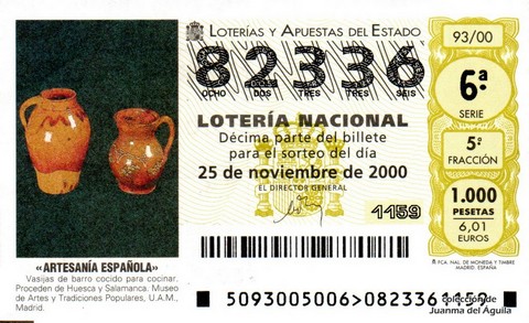 Décimo de Lotería Nacional de 2000 Sorteo 93 - «ARTESANÍA ESPAÑOLA» - VASIJAS DE BARRO COCIDO PARA COCINAR