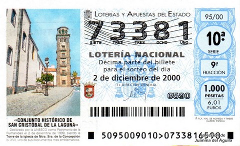 Décimo de Lotería Nacional de 2000 Sorteo 95 - «CONJUNTO HISTÓRICO DE SAN CRISTÓBAL DE LA LAGUNA»