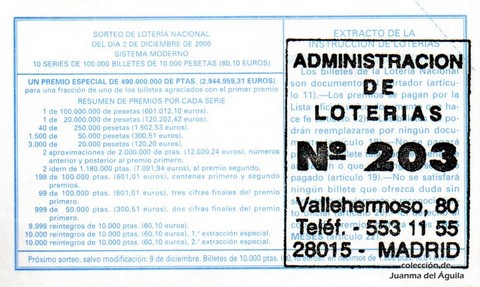 Reverso décimo de Lotería 2000 / 95