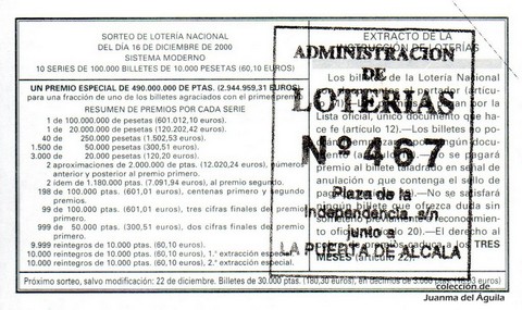 Reverso décimo de Lotería 2000 / 99