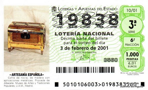 Décimo de Lotería Nacional de 2001 Sorteo 10 - «ARTESANÍA ESPAÑOLA» - COFRE DE NOVIA