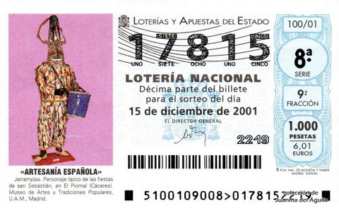 Décimo de Lotería Nacional de 2001 Sorteo 100 - «ARTESANÍA ESPAÑOLA» - JARRAMPLAS