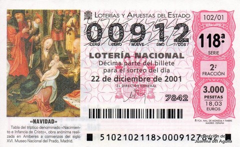 Décimo de Lotería Nacional de 2001 Sorteo 102 - «NAVIDAD»