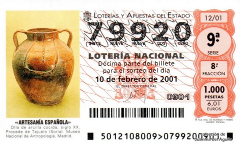 Décimo de Lotería Nacional de 2001 Sorteo 12 - «ARTESANÍA ESPAÑOLA» - OLLA DE ARCILLA COCIDA