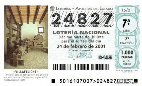 Décimo de Lotería Nacional de 2001 Sorteo 16 - «VILLAFELICHE»