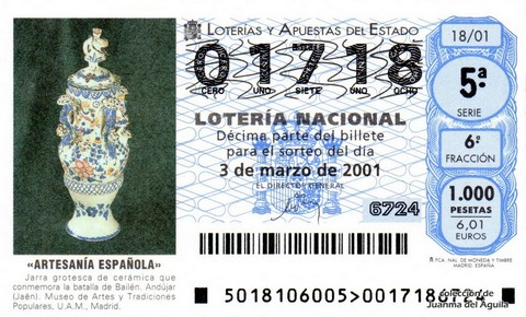 Décimo de Lotería Nacional de 2001 Sorteo 18 - «ARTESANÍA ESPAÑOLA» - JARRA GROTESCA DE CERÁMICA