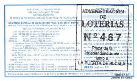 Reverso décimo de Lotería 2001 / 18