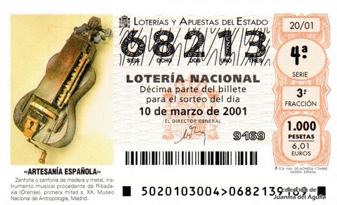 Décimo de Lotería Nacional de 2001 Sorteo 20 - «ARTESANÍA ESPAÑOLA» - ZANFOÑA
