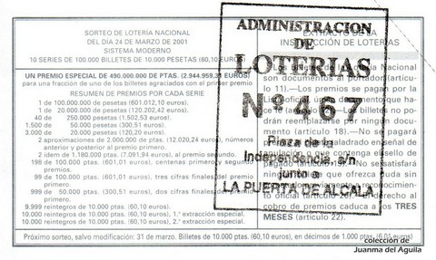 Reverso décimo de Lotería 2001 / 24