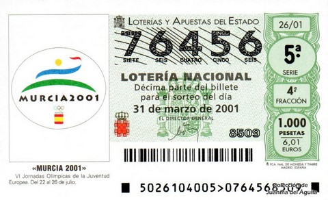 Décimo de Lotería Nacional de 2001 Sorteo 26 - «MURCIA 2001»